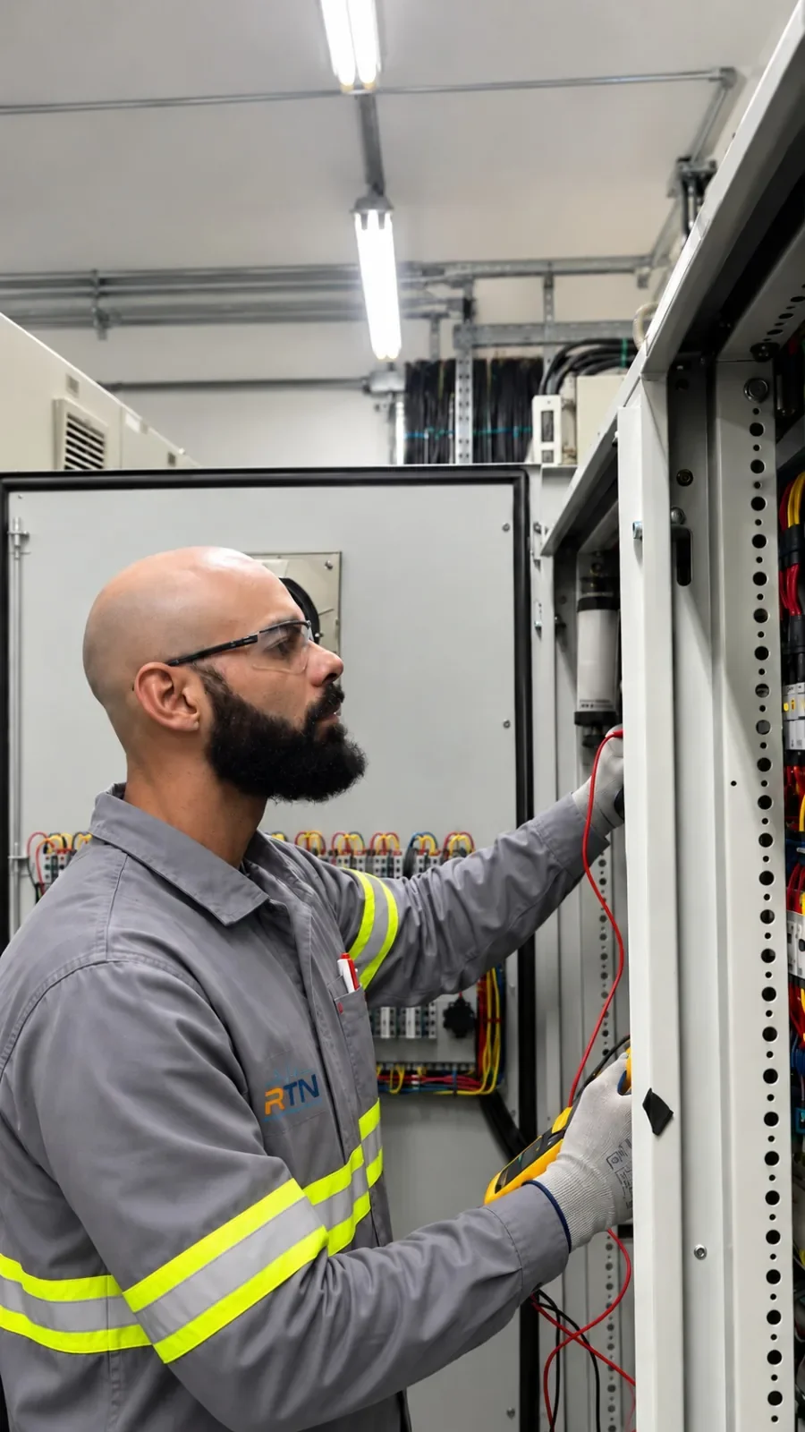 Técnico realizando procedimentos de verificação em painel elétrico
