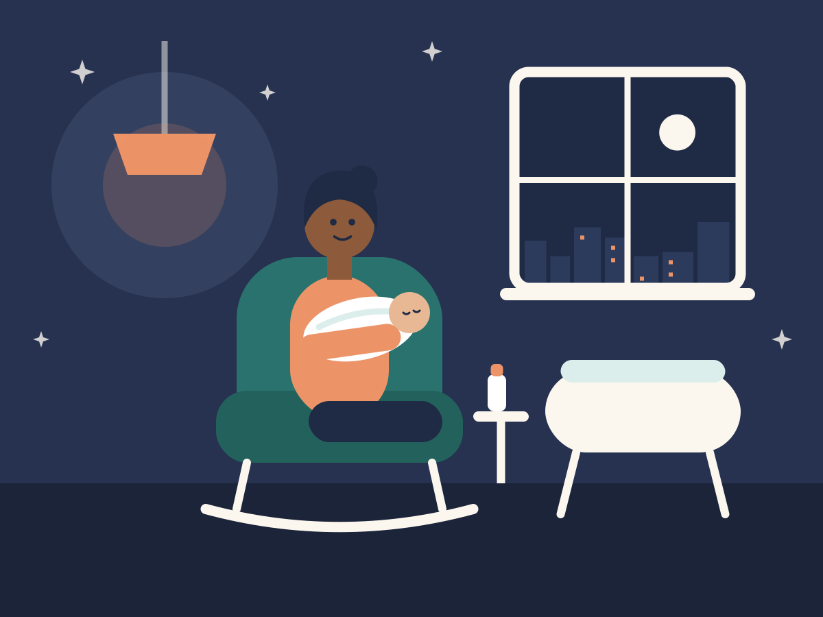Illustration of a sitter rocking a swaddled newborn at night beside a bassinet