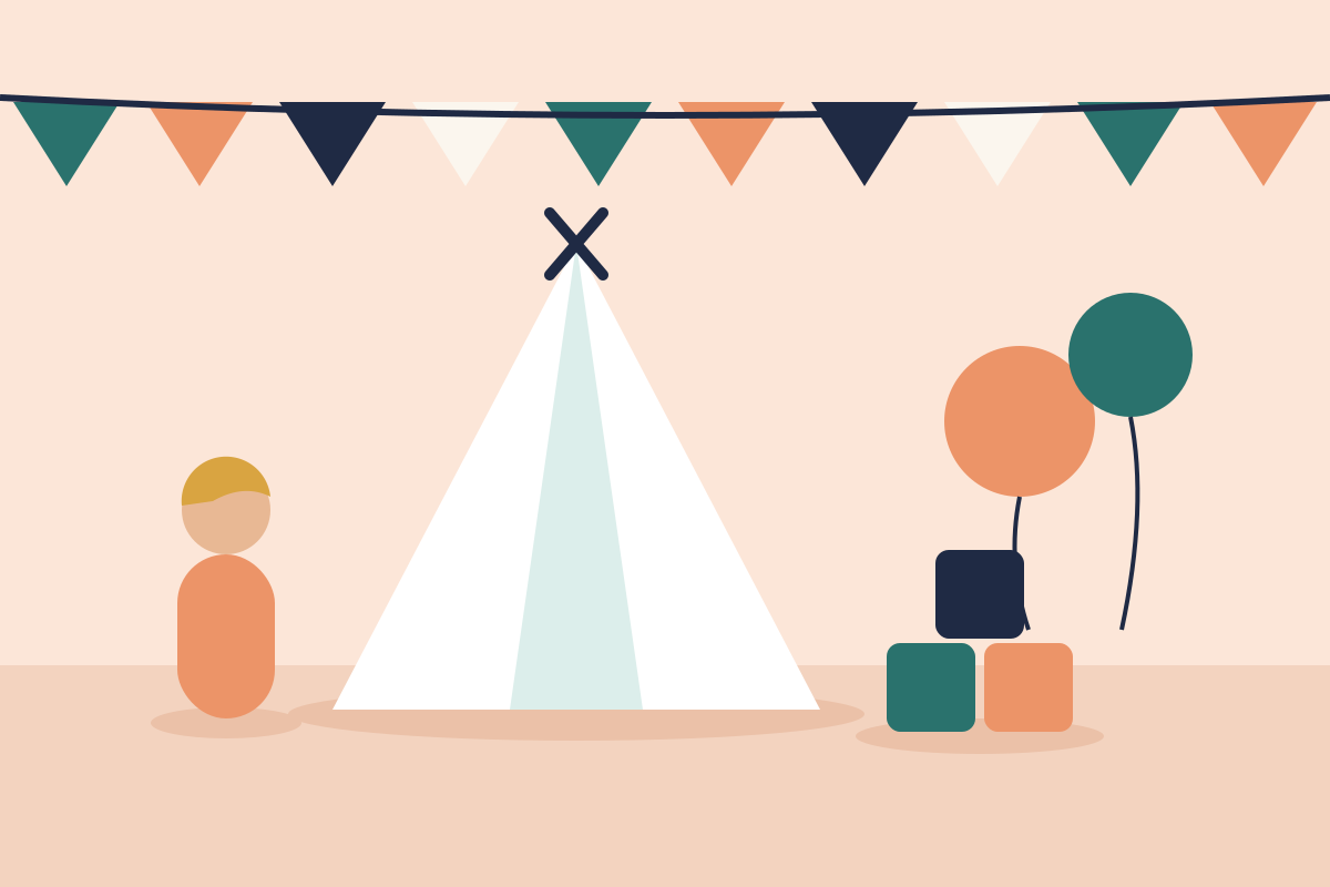 Illustration of a kids' room with a play tent, bunting and balloons