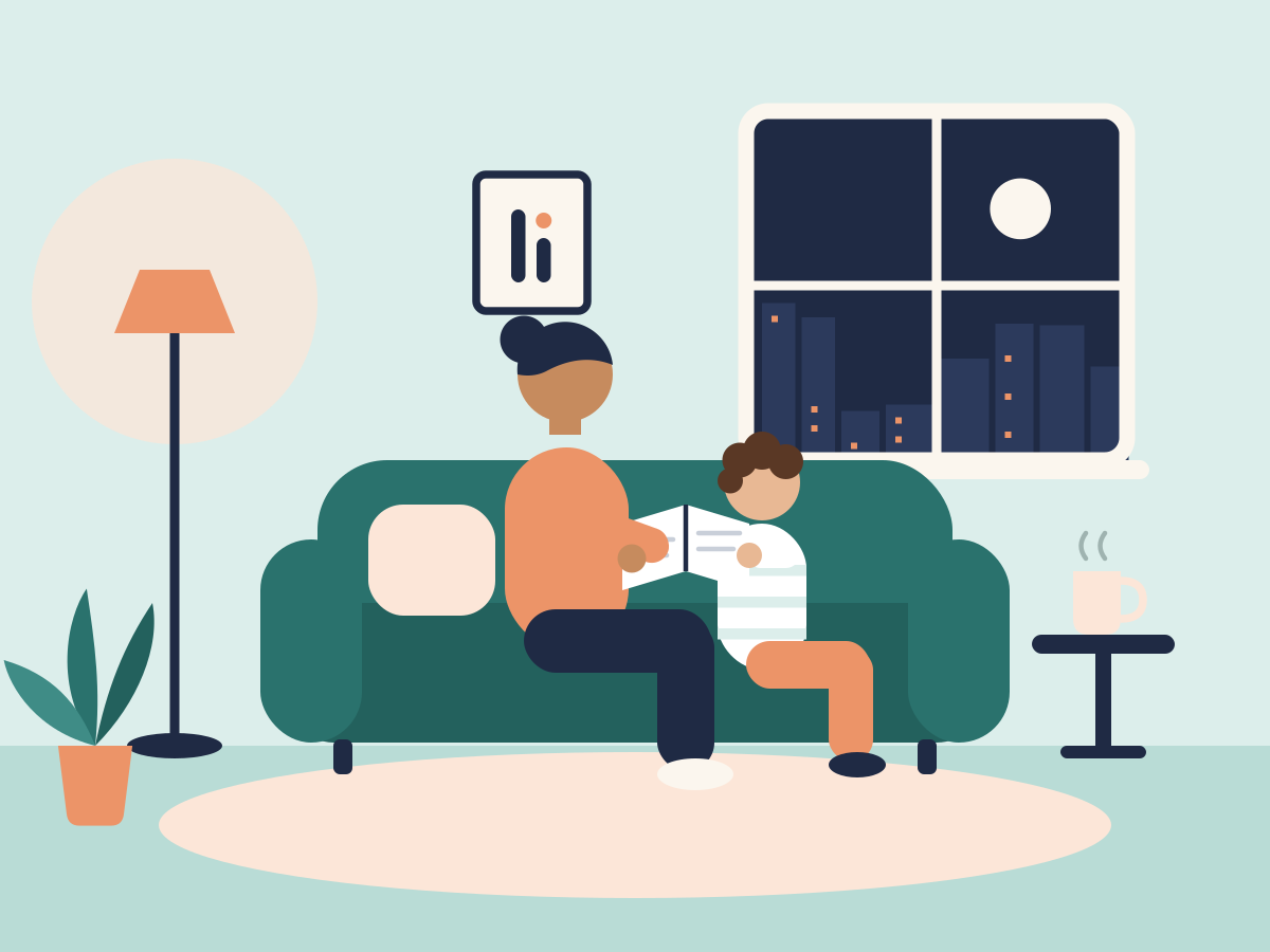Illustration of a sitter reading to a child on a sofa in the evening
