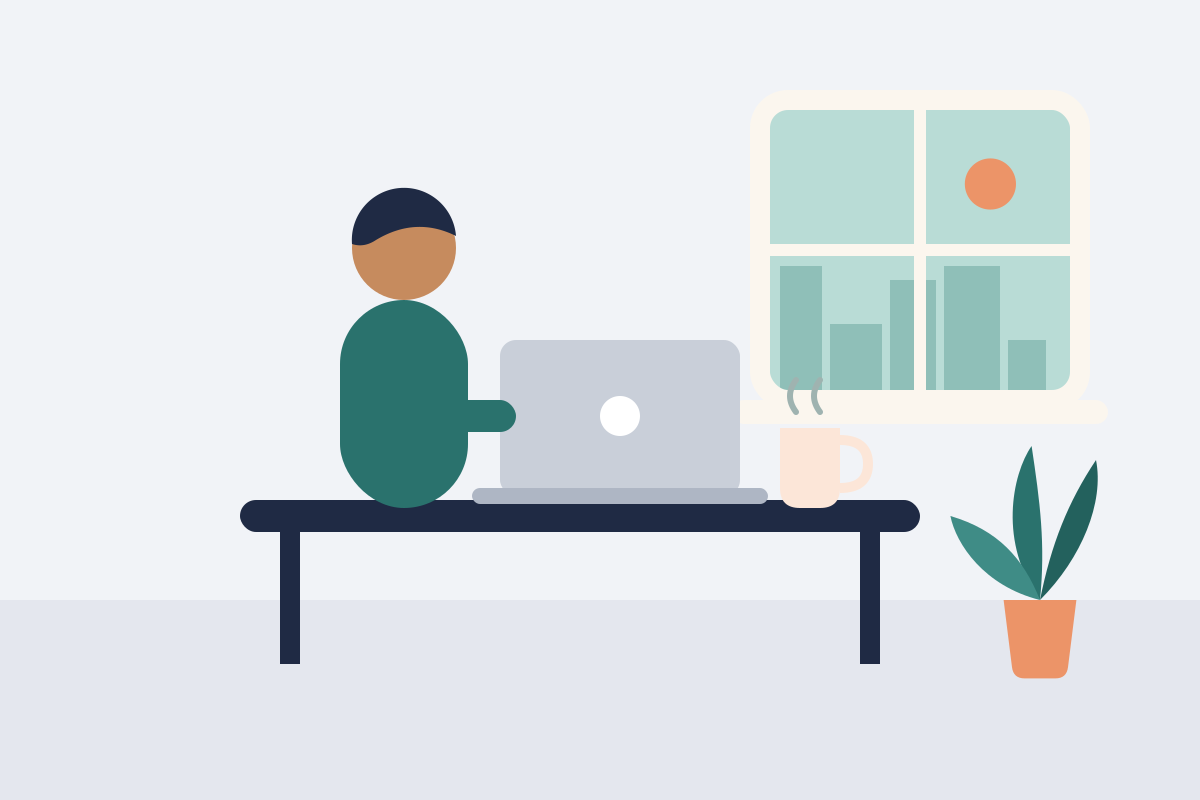 Illustration of a parent working calmly at a desk