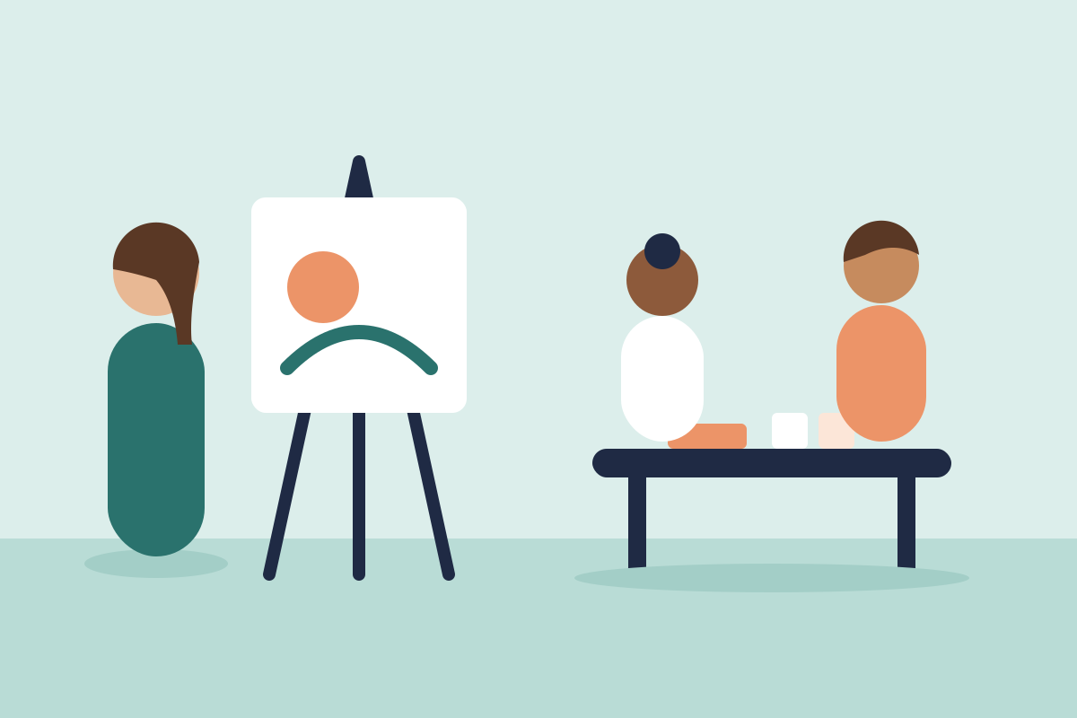 Illustration of a staffed kids' zone with an easel and craft table