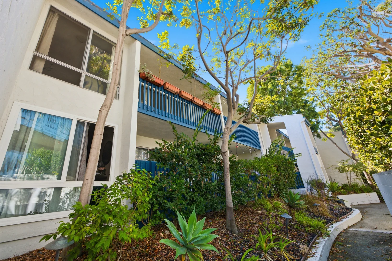 Building with blue balcony railings above landscaped planters and a path