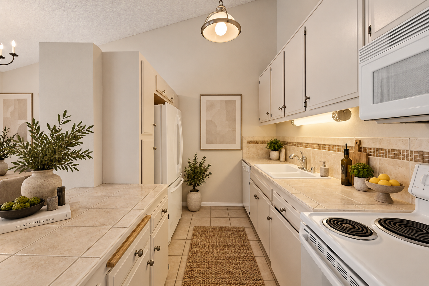 Kitchen with white cabinets and tile counters, styled with plants and decor, virtually staged