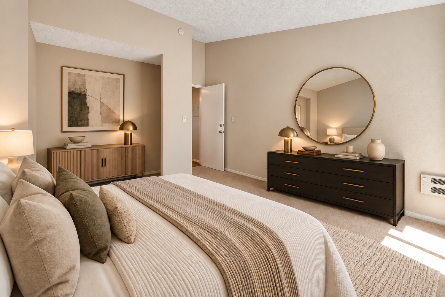 Bedroom with a dresser and a round mirror, virtually staged