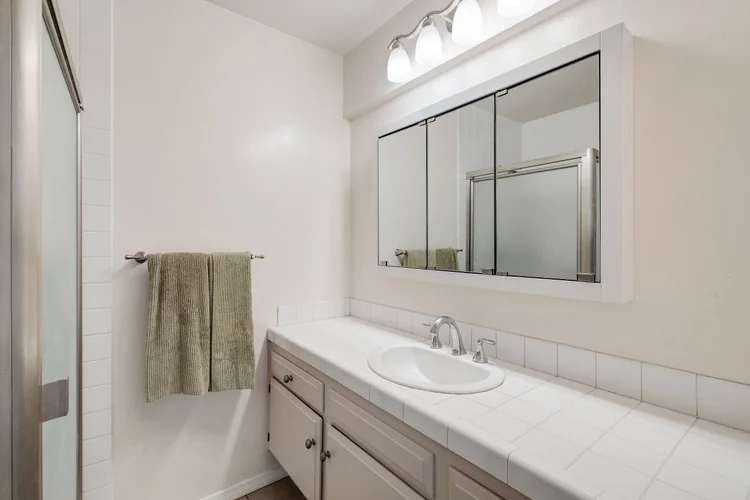 Bath vanity beside a glass-enclosed shower