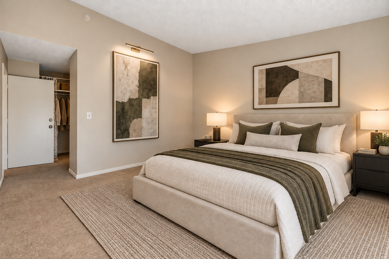 Bedroom with an upholstered bed and an open closet, virtually staged