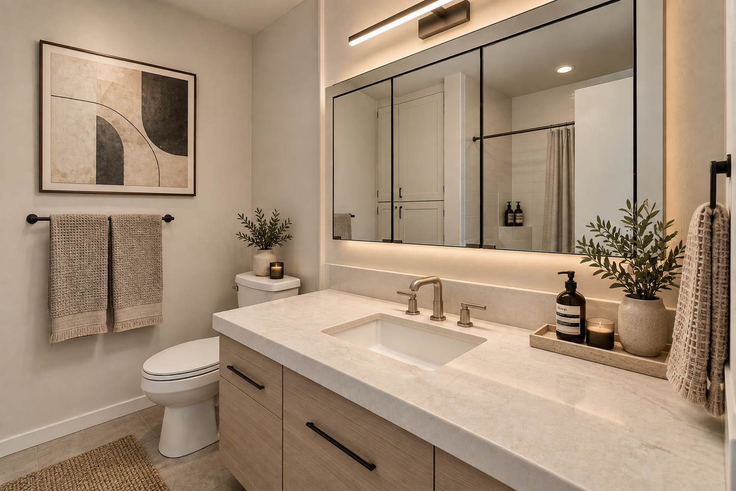 Bath shown with an updated vanity, mirror and lighting, virtually renovated