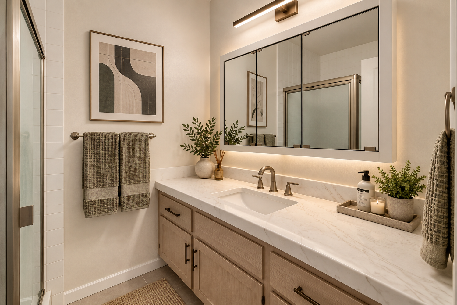 Bath shown with an updated vanity, mirror and lighting, virtually renovated