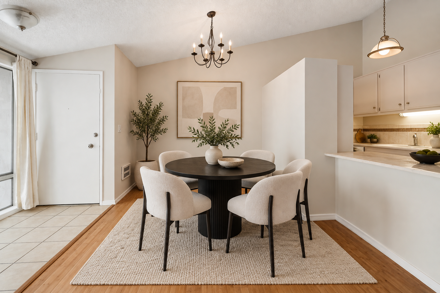 Dining area with a round table and four chairs under a chandelier, virtually staged