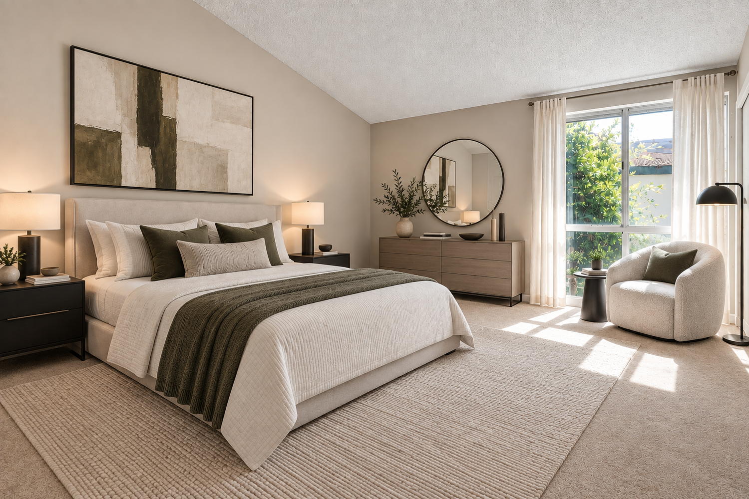 Bedroom with a large bed and a window to the trees, virtually staged