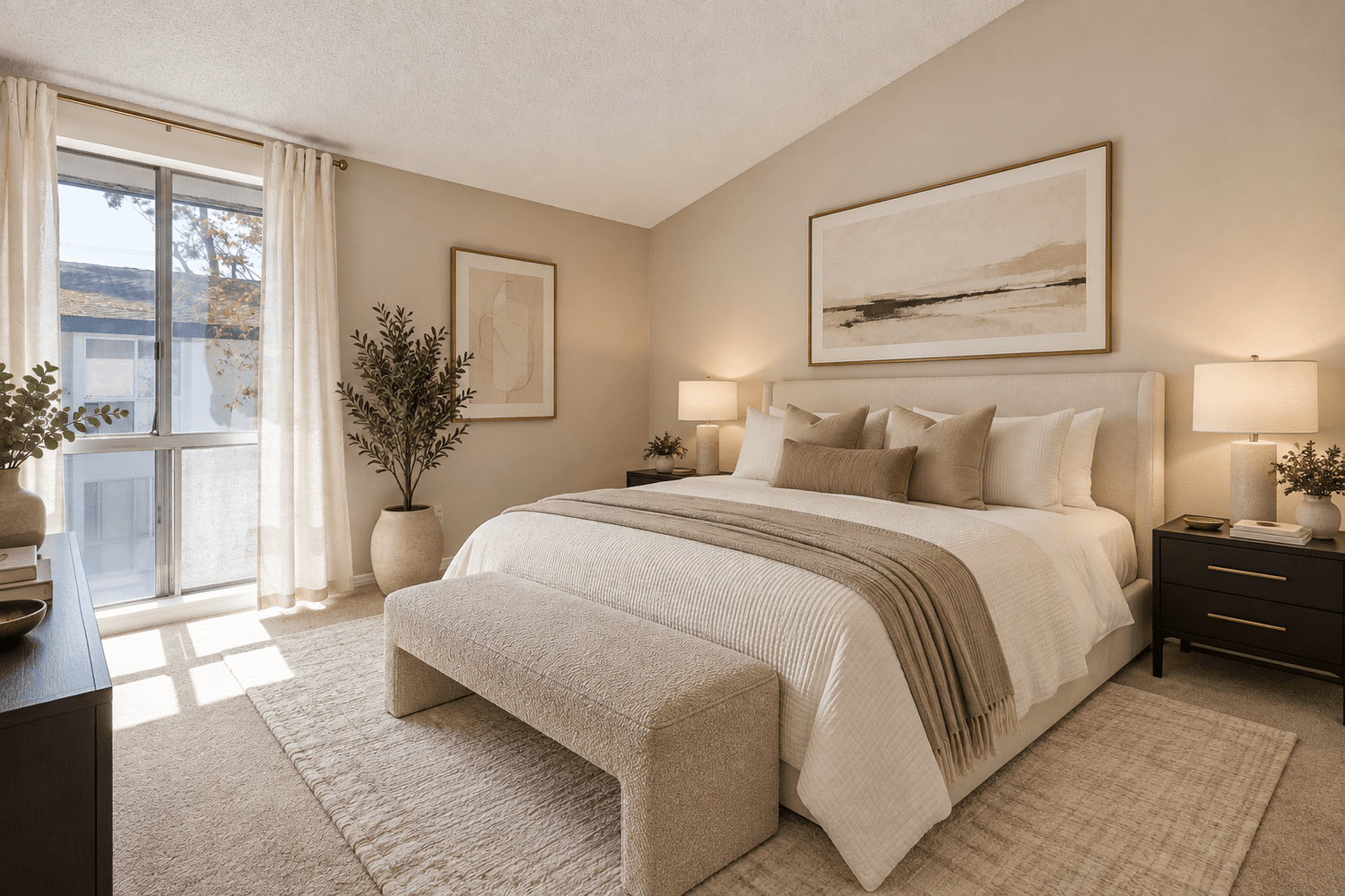 Bedroom with a bed, a bench and a window, virtually staged