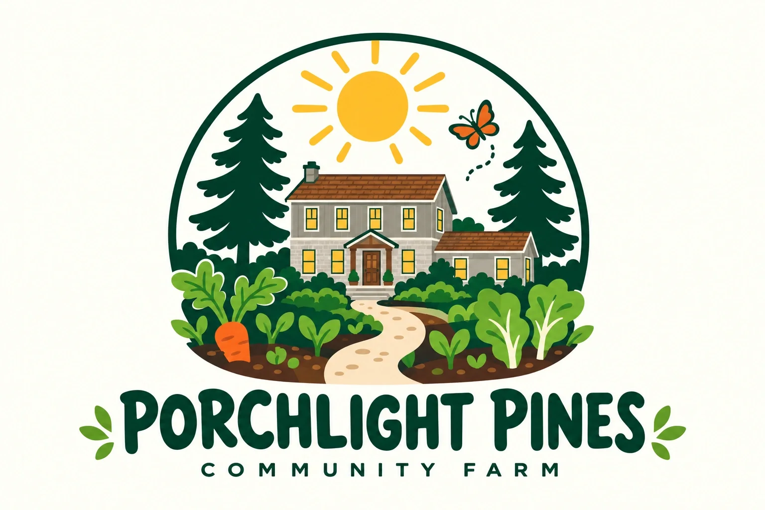 Playful Porchlight Pines Community Farm logo with a sunny garden, seedlings, a butterfly, and the gray home.
