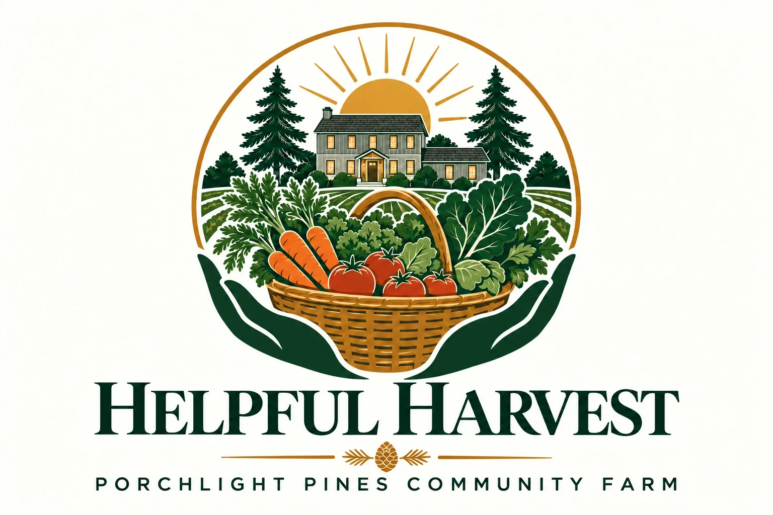 Helpful Harvest, Porchlight Pines Community Farm: hands supporting a basket of fresh vegetables.