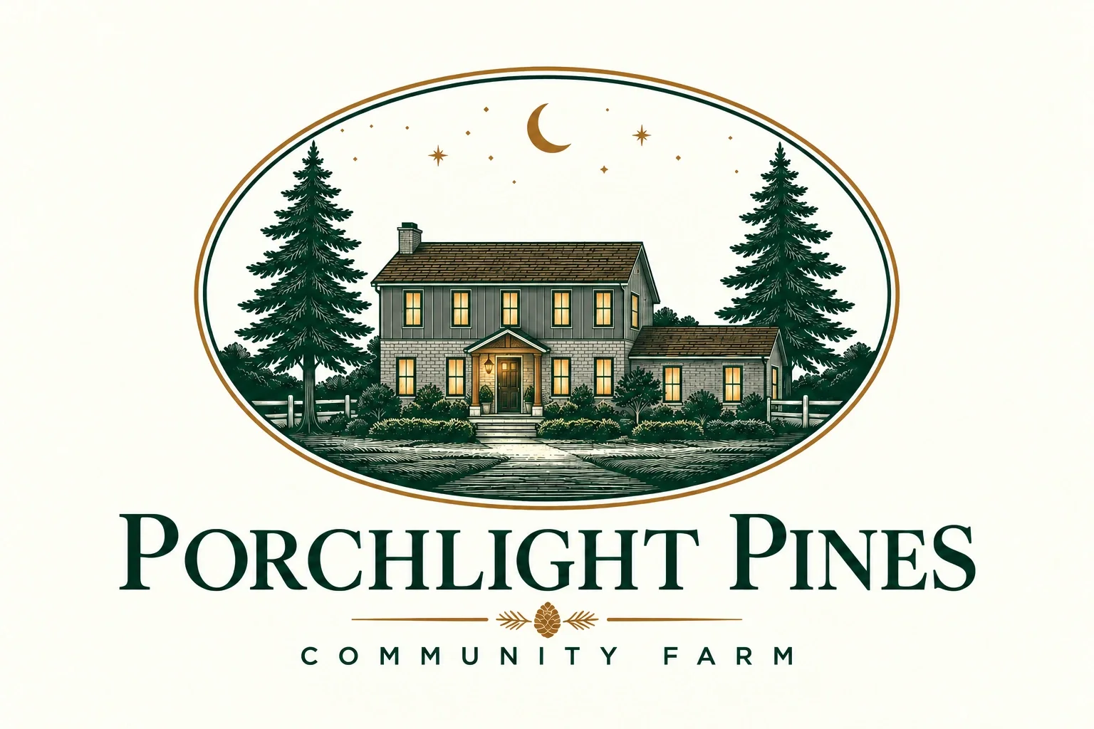 Porchlight Pines Community Farm oval property crest with the gray home, pine trees, moon, and stars.