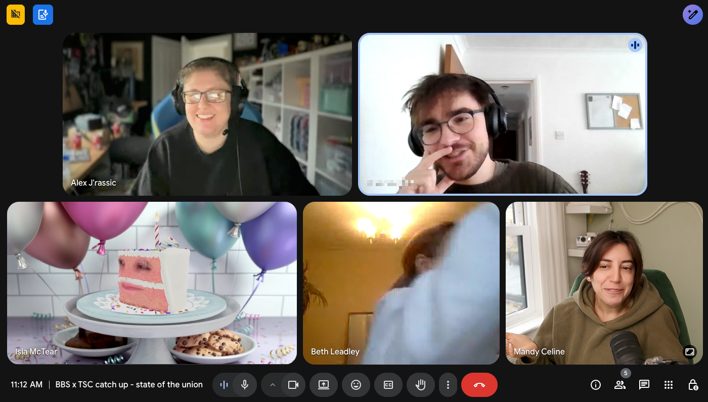 Breadbox Studios and Tom Scott team video call during the England edit, with one editor accidentally turned into a slice of cake