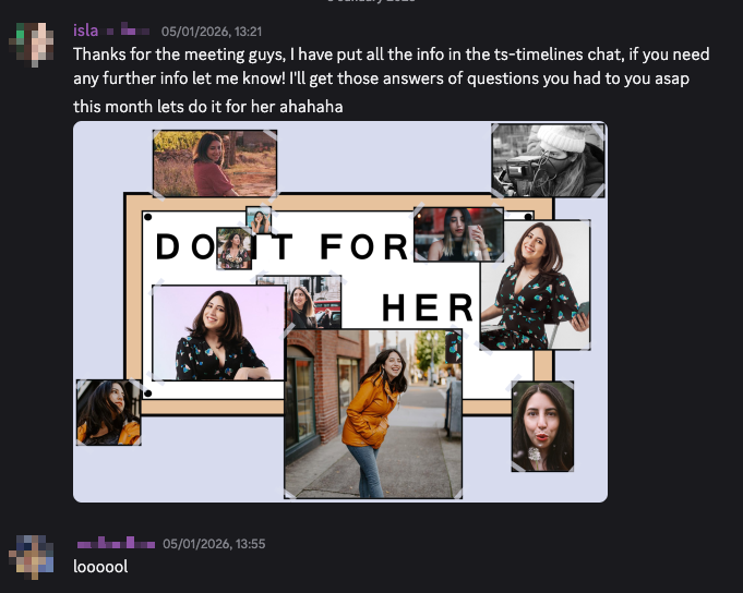 Team-made collage reading 'Do it for her', made while the founder was on honeymoon during the England edit