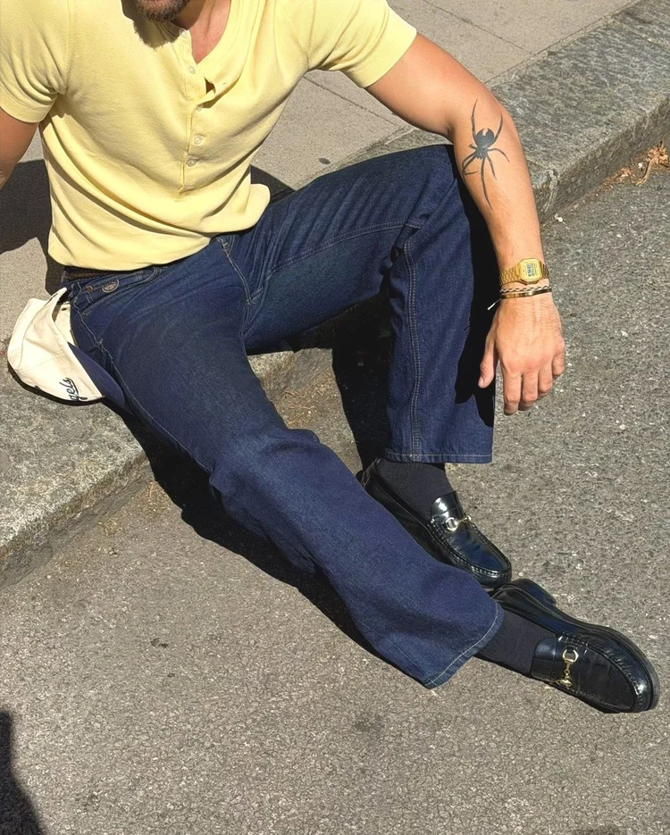 Yellow henley, denim and horsebit loafers