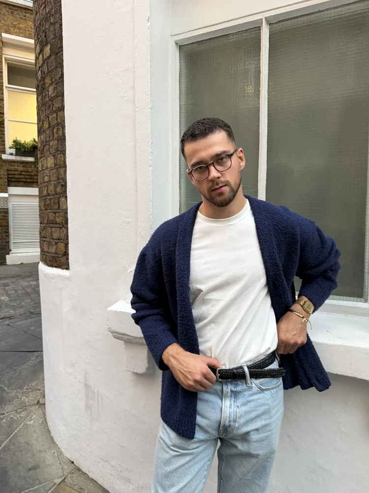 Navy cardigan, white tee and glasses