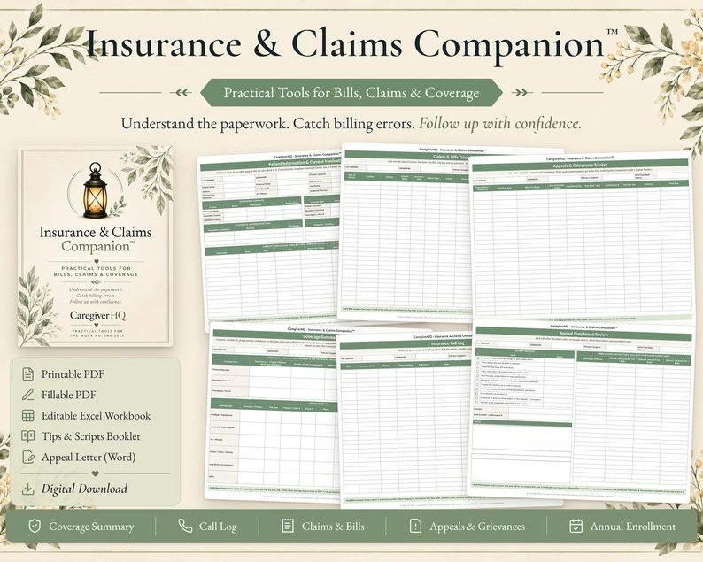Insurance and Claims Companion with sample claims, bills and coverage tracker pages and its digital formats