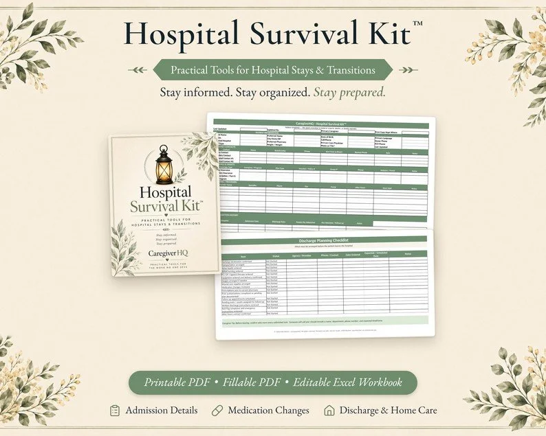 Hospital Survival Kit with sample hospital stay tracker pages and its digital formats