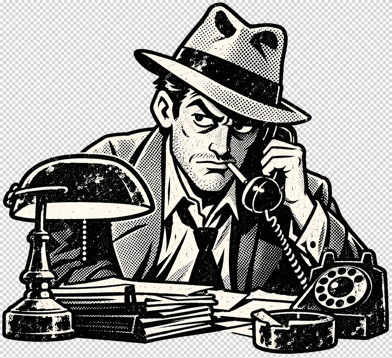 a private detective on the phone at his desk