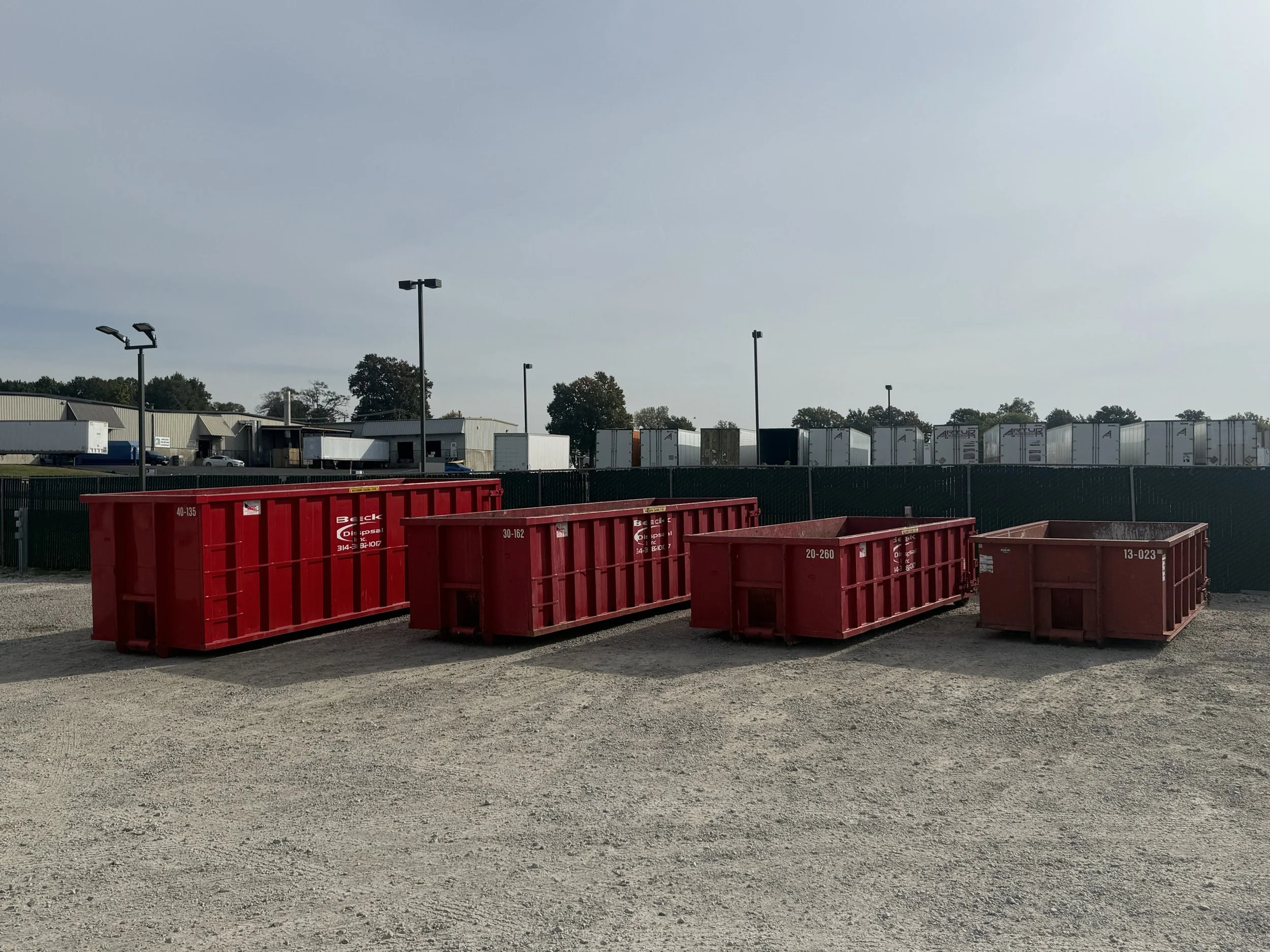 Four actual Beck containers side by side: 40, 30, 20, and 13 yard from left to right.
