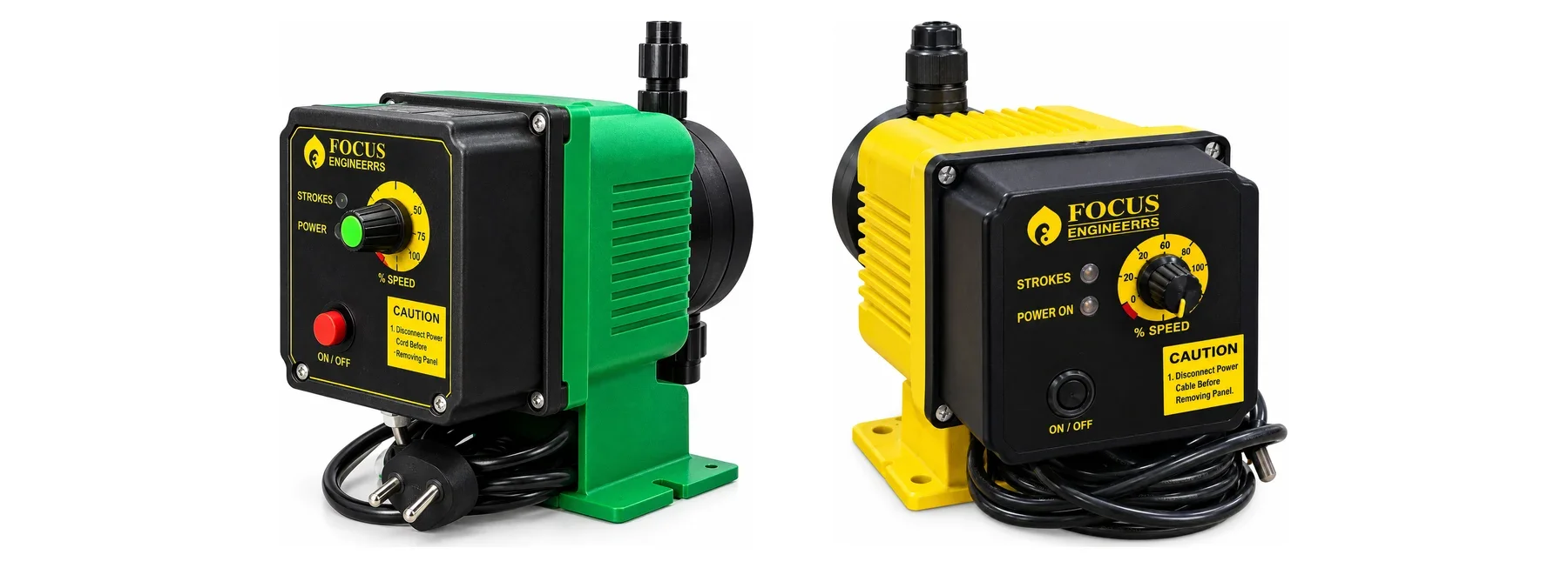 Focus FE-CD compact dosing pumps, green and yellow