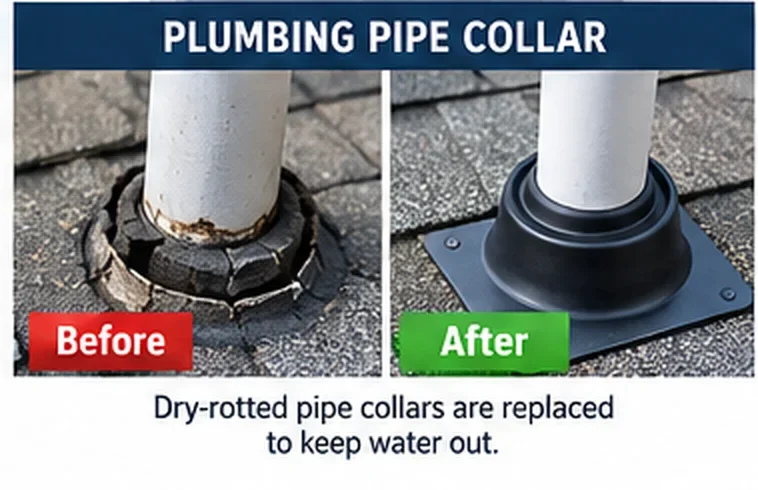 Plumbing pipe collar before and after: dry-rotted collar replaced