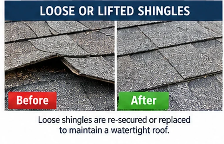 Loose or lifted shingles before and after: re-secured or replaced