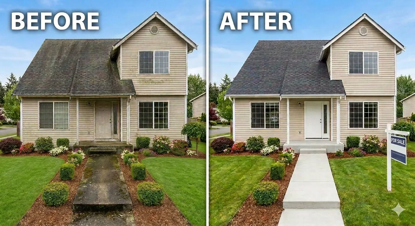Same house before and after Roof Renew exterior staging: streaked roof and dirty walkway on the left, clean roof and walkway with a For Sale sign on the right