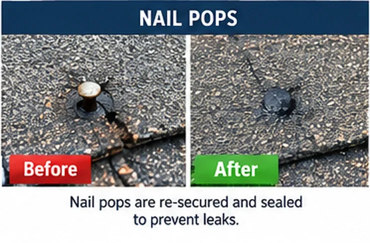 Nail pops before and after: re-secured and sealed to prevent leaks