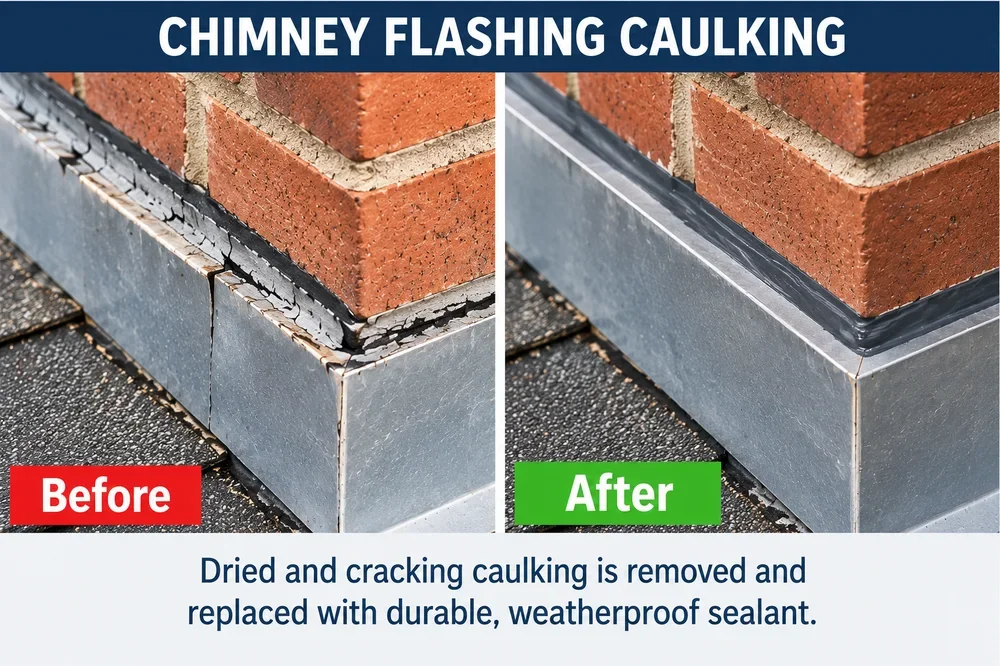 Chimney flashing caulking before and after: cracked caulk replaced with weatherproof sealant