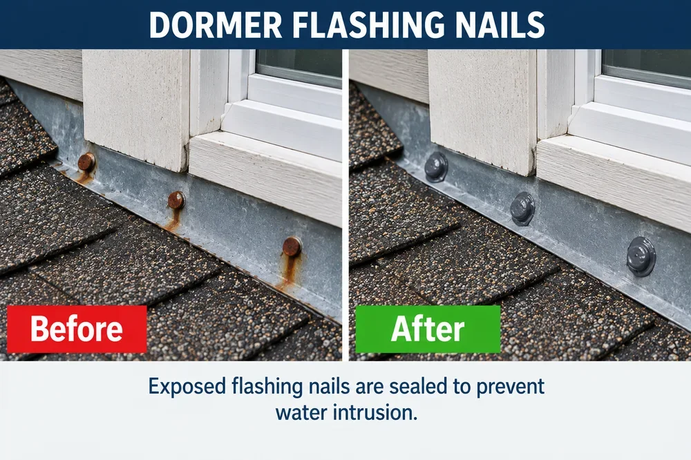 Dormer flashing nails before and after: exposed nails sealed