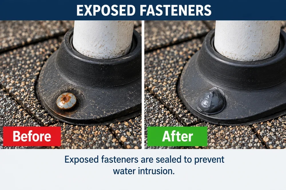Exposed fasteners before and after: sealed to prevent water intrusion