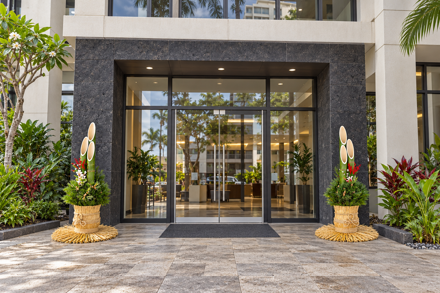 Illustrative traditional Japanese kadomatsu pair framing a Hawaiʻi office entrance