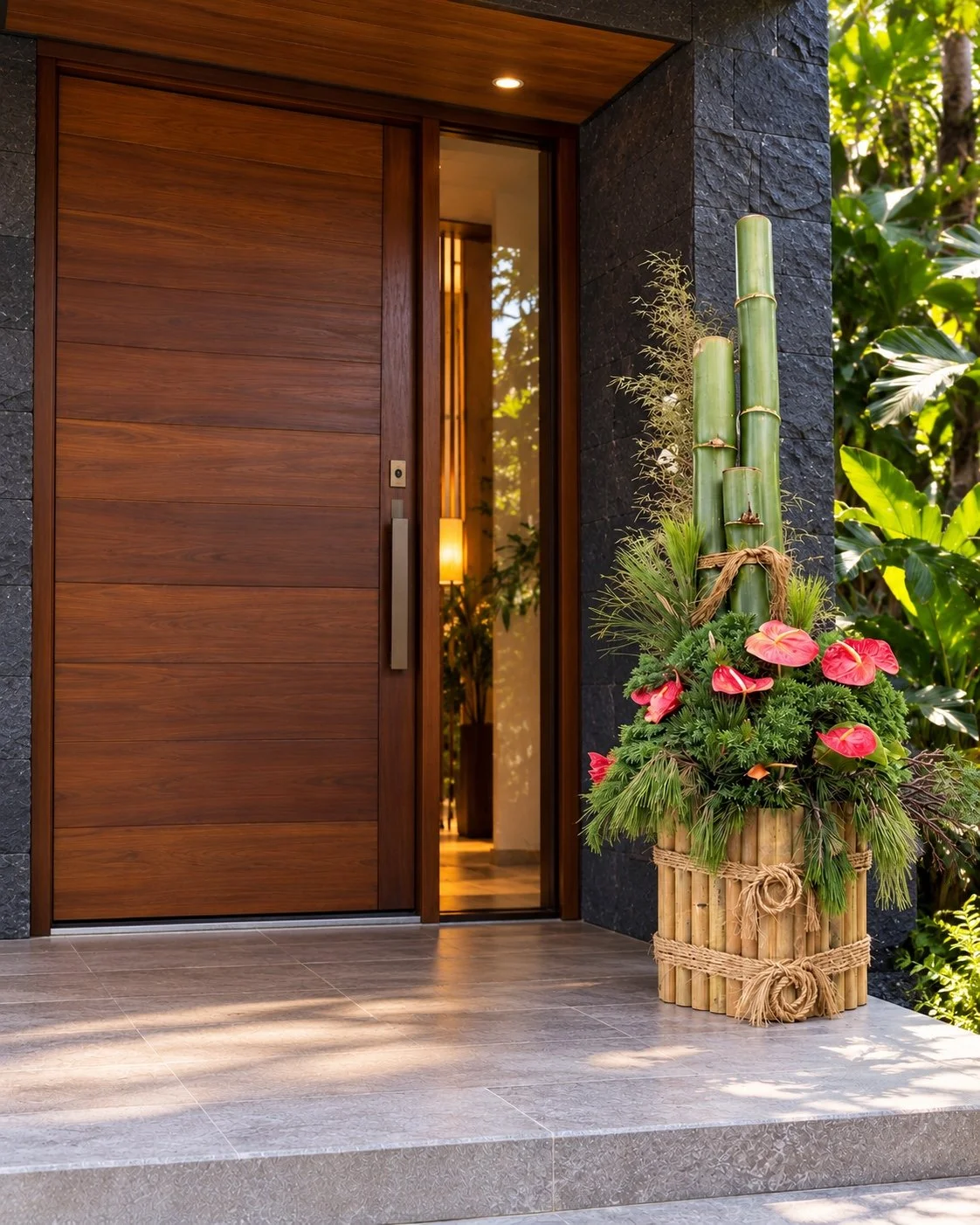 Illustrative custom kadomatsu at a modern wood and stone entryway
