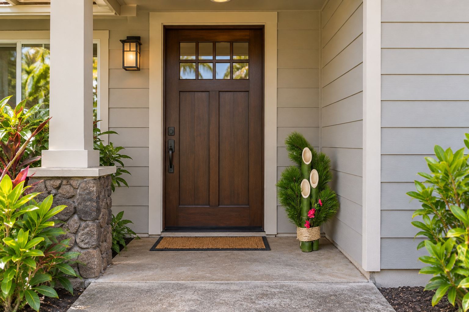 Illustrative placement of one Hawaiʻi Traditional kadomatsu beside a sheltered home entrance