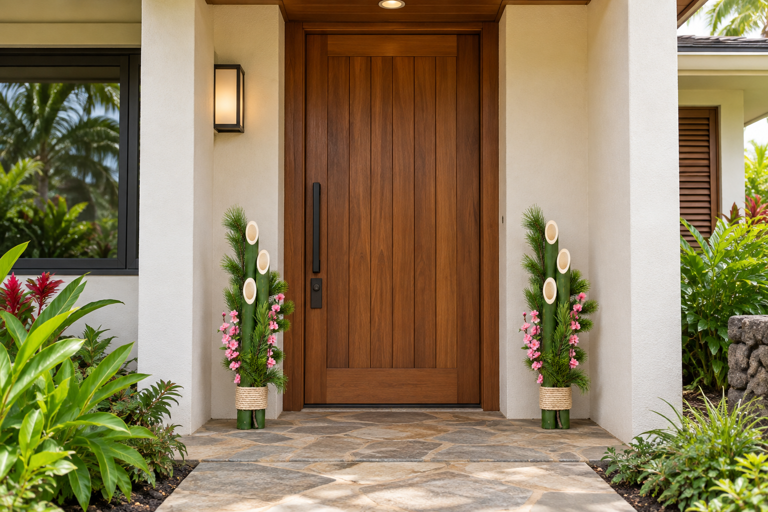 Illustrative placement of a pair of Hawaiʻi Traditional kadomatsu framing a wood front door