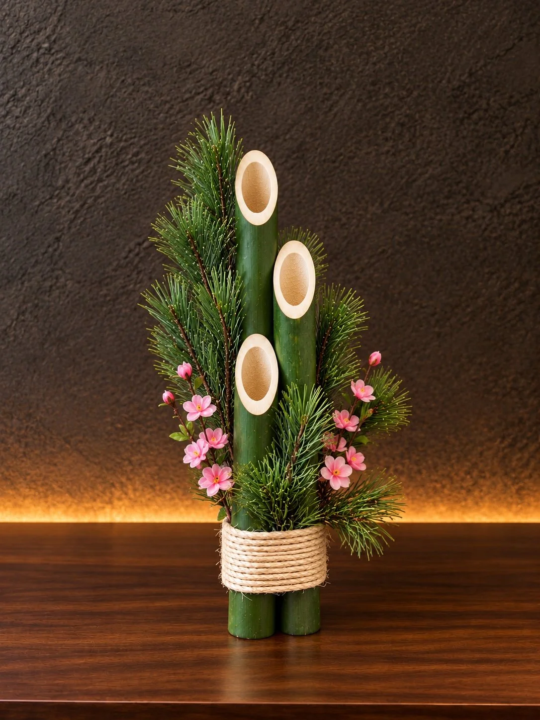 Hawaiʻi Traditional kadomatsu design 3 with three bamboo shoots, pine, pink blossoms and natural rope binding