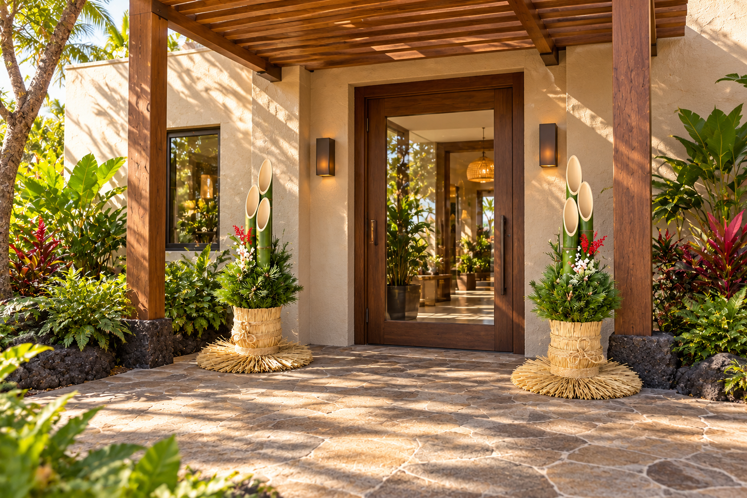 Illustrative traditional Japanese kadomatsu pair beside a Hawaiʻi spa entrance