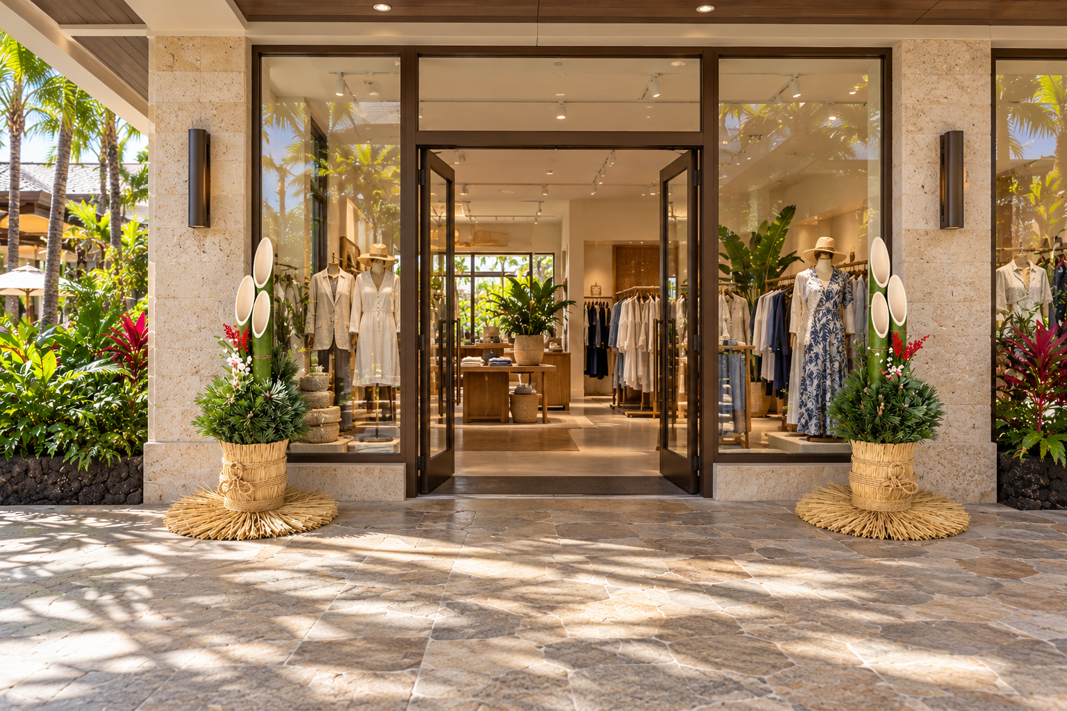 Illustrative traditional Japanese kadomatsu pair at a Hawaiʻi boutique entrance