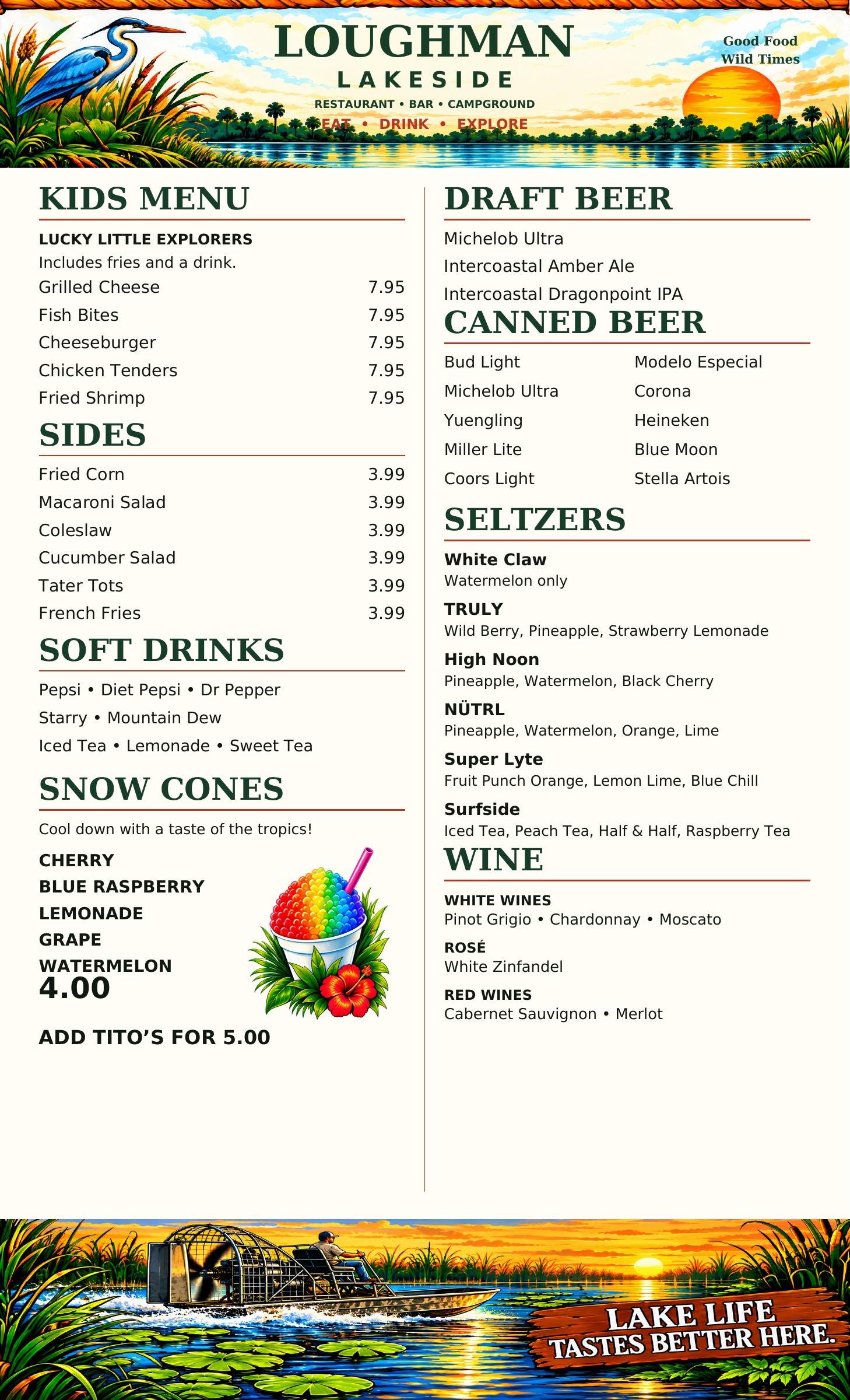 Loughman Lakeside drinks, kids meals and sides menu. Open full-size menu.