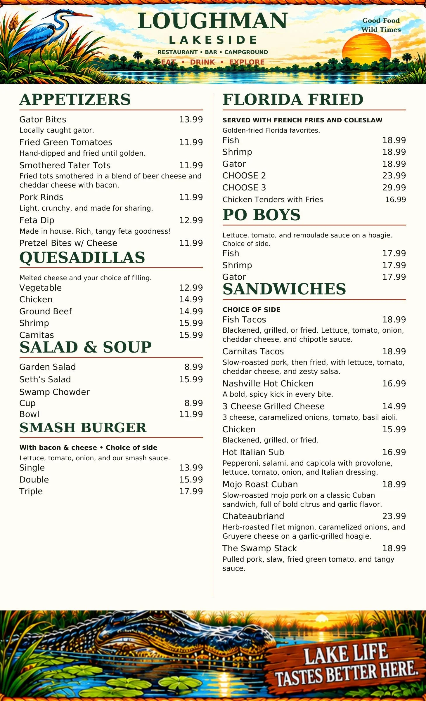 Loughman Lakeside food menu. Open full-size menu.