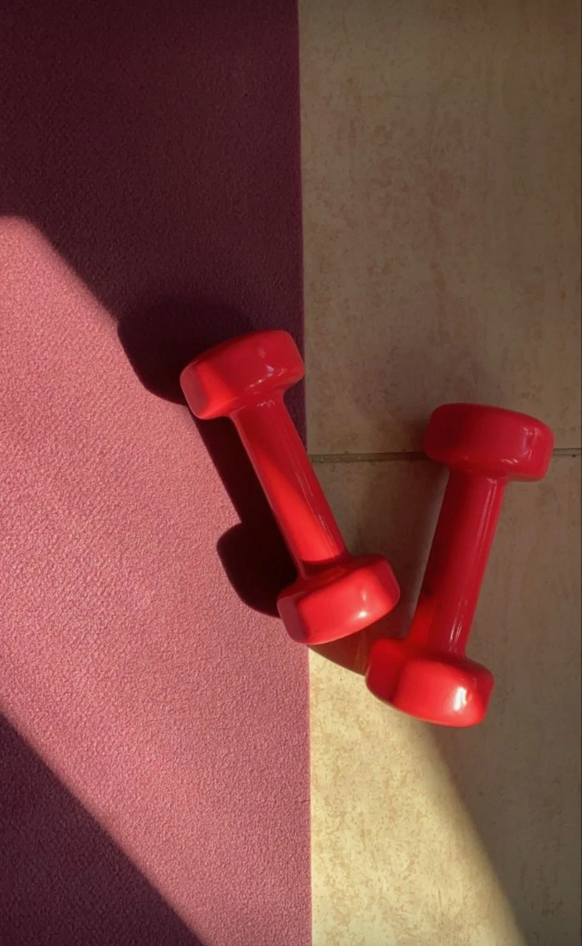 Red hand weights on a burgundy mat