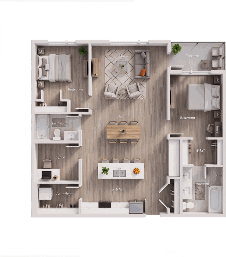Suite D floor plan, 2 Bedroom + Office · 2 Bath, 1,278 square feet