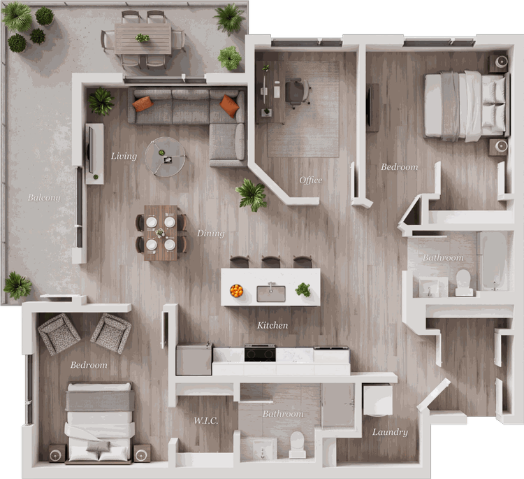 Suite C1 floor plan, 2 Bedroom + Office · 2 Bath, 1,248 square feet