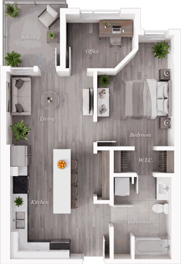 Suite B1 floor plan, 1 Bedroom + Office · 1 Bath, 760 square feet