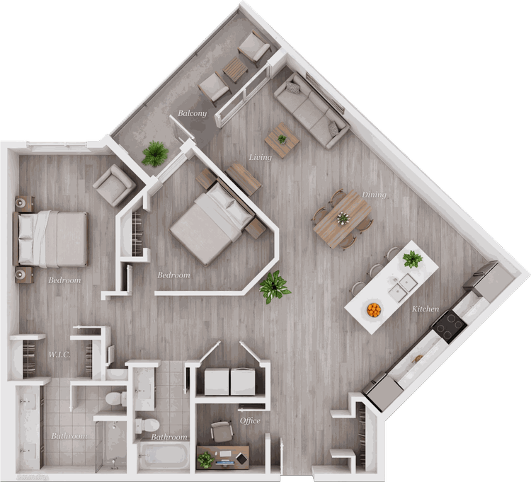 Suite E floor plan, 2 Bedroom + Office · 2 Bath · Inside corner, 1,147 square feet