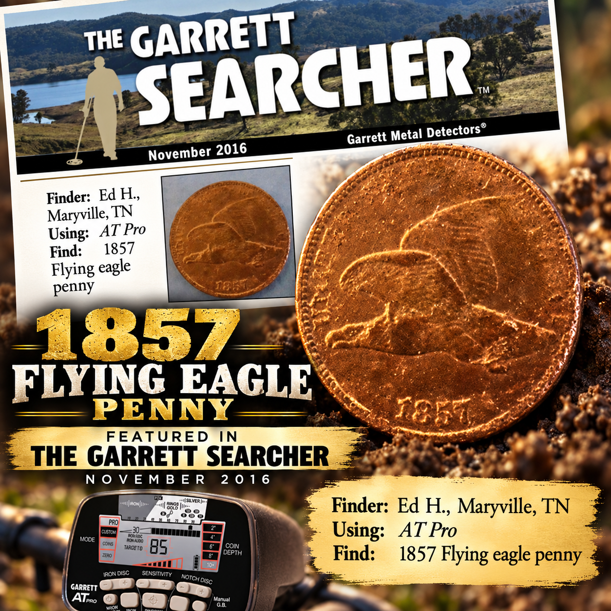 The Garrett Searcher clipping showing Ed Huffman’s 1857 Flying Eagle cent and finder information.